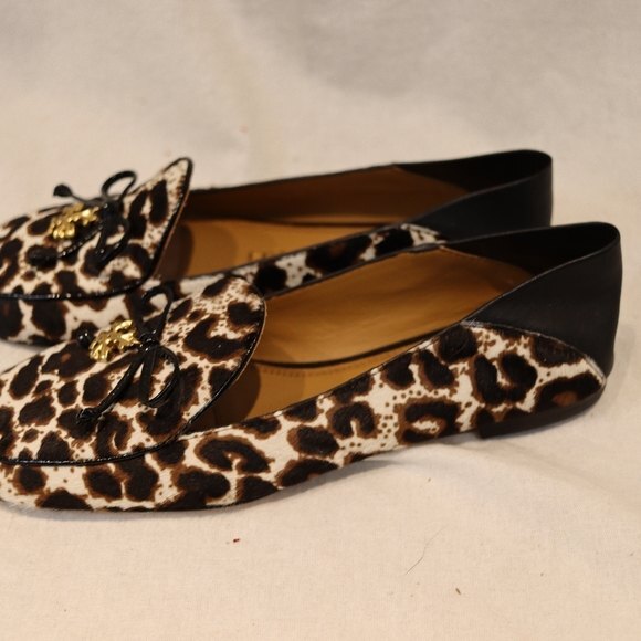 Tory Burch Leopard Print Loafers Size 5 - Calf Hair Apron Toe Ballet Flats - Picture 8 of 10